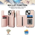 thumbnail image 5 of Wallet Case for Apple iPhone 15 Plus, with Crossbody Shoulder Strap & Hand Wrist Cards Holder Zipper Pocket Stand Feature Full Protective Shockpoof Phone Case for iPhone 15 Plus, Rosegold, 5 of 7