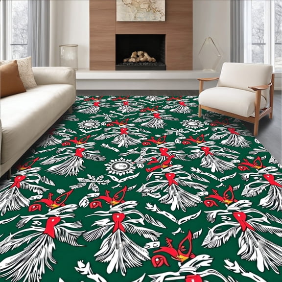 ODIKA 4'x6' Machine Washable Non-Slip Area Rug, Festive Evergreen Snowscape Holiday Yuletide Entrance High Traffic Rug, Green, 621281