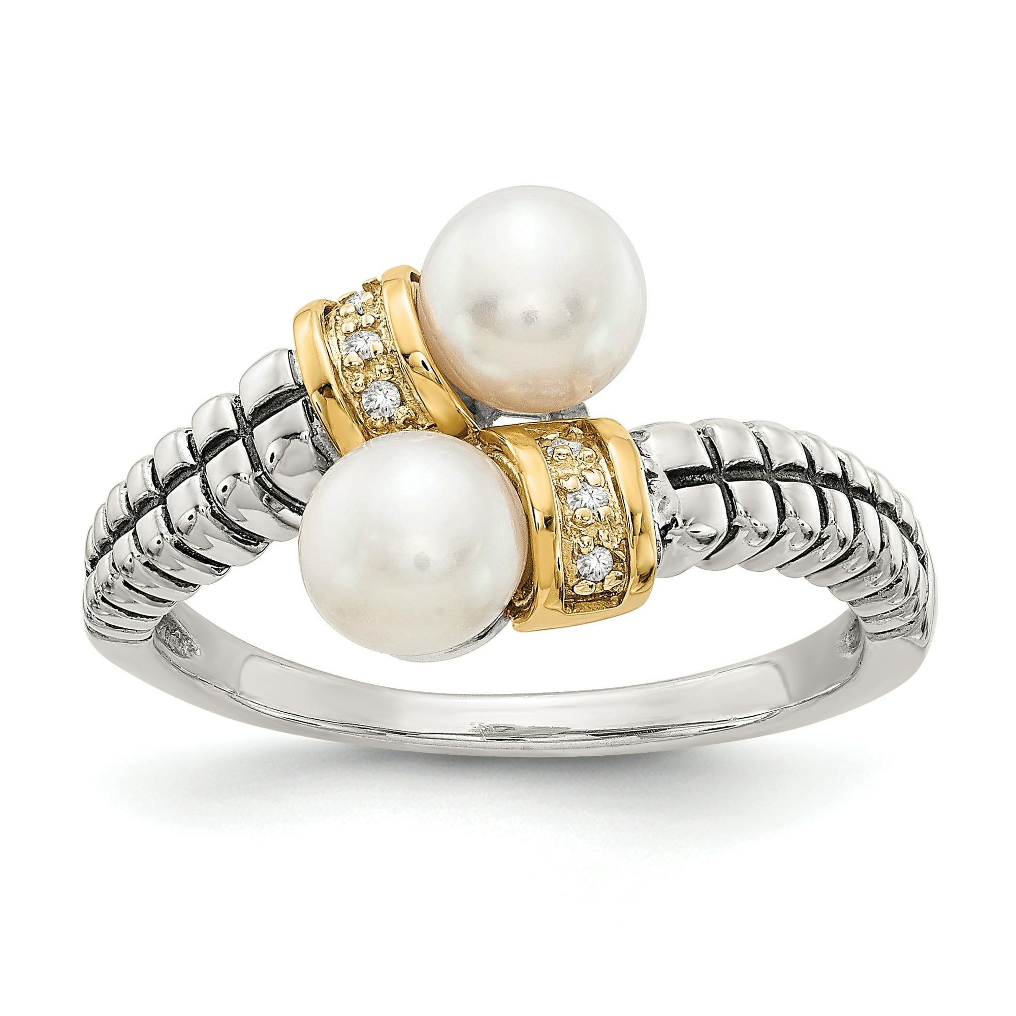 Sterling Silver Two Tone Silver And Gold Plated Sterling Silver w FW Cultured Pearl Diamond By Pass Ring
