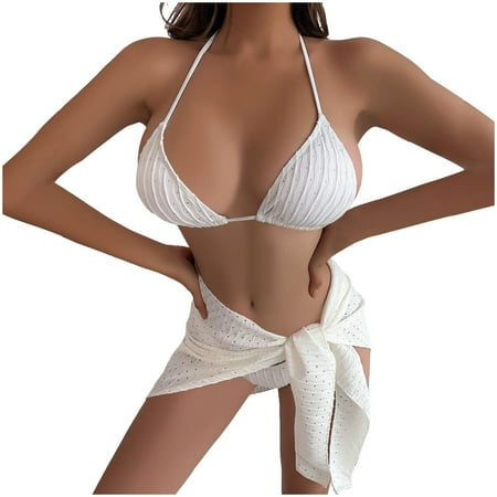 Fatuov Summer Womens 3-Piece Bikini Swimsuit Sets Sexy Halter Bras String Low Rise Triangle Thong Sets with Cover-up Wrap Skirt High-Waisted Bikinis White