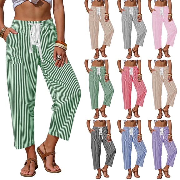 Bovxnpu Womens Cotton Linen Pants Women Stripe Elastic Waist Drawstring Shorts with Pockets Ankle Shorts