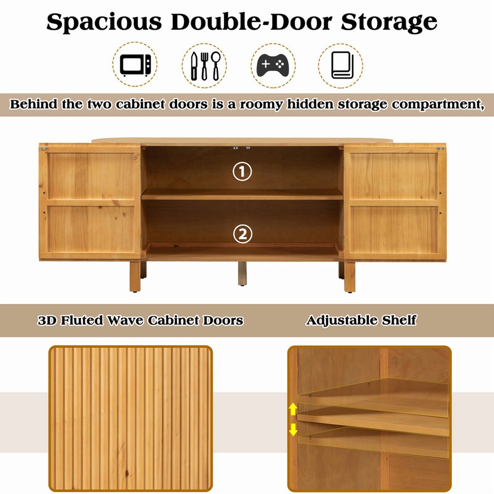 Accent Wavy Texture Buffet Table with Curved Extension Shelf, Mid-Century Modern Sideboard Storage Cabinet with Adjustable Shelf