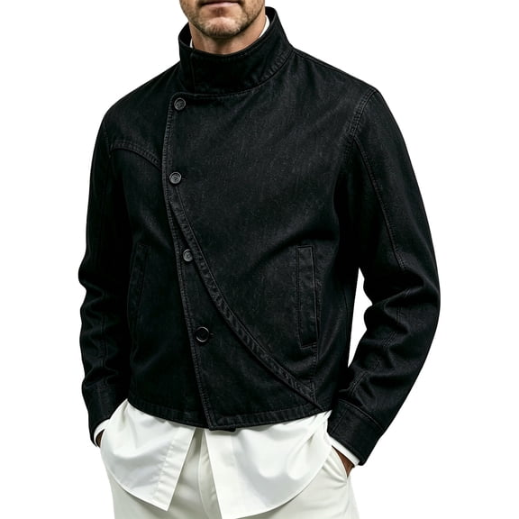 Solthread Mens Denim Jacket Stand Collar Long Sleeve Asymmetrical Button Front Denim Jacket Casual Outerwear