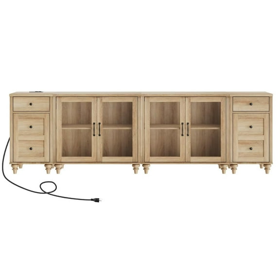 Large TV Stand for 100-Inch TV, TV Console Table for 85/90/95-Inch TVs, Entertainment Center with Charging Station & Glass Door, Oak Kitchen Sideboard Buffet Cabinet for Dining Room
