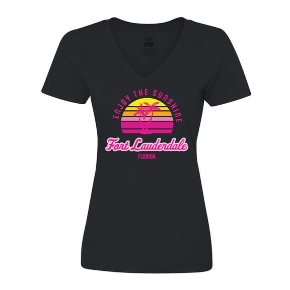 Inktastic Summer Enjoy the Sunshine Fort Lauderdale Florida in Pink Women's V-Neck T-Shirt