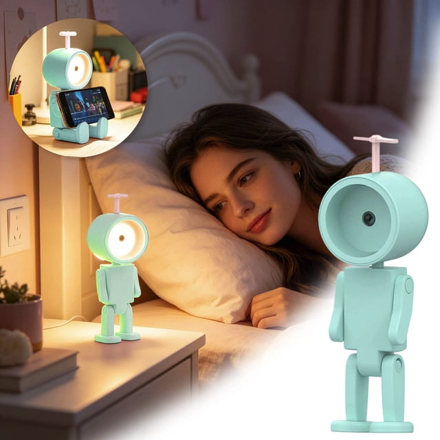 Tong Robot Night Light LED Desk Lamp With Batteries Cute Movable Figure Phone Stand Bedside & Reading Book Light Decorative Lighting
