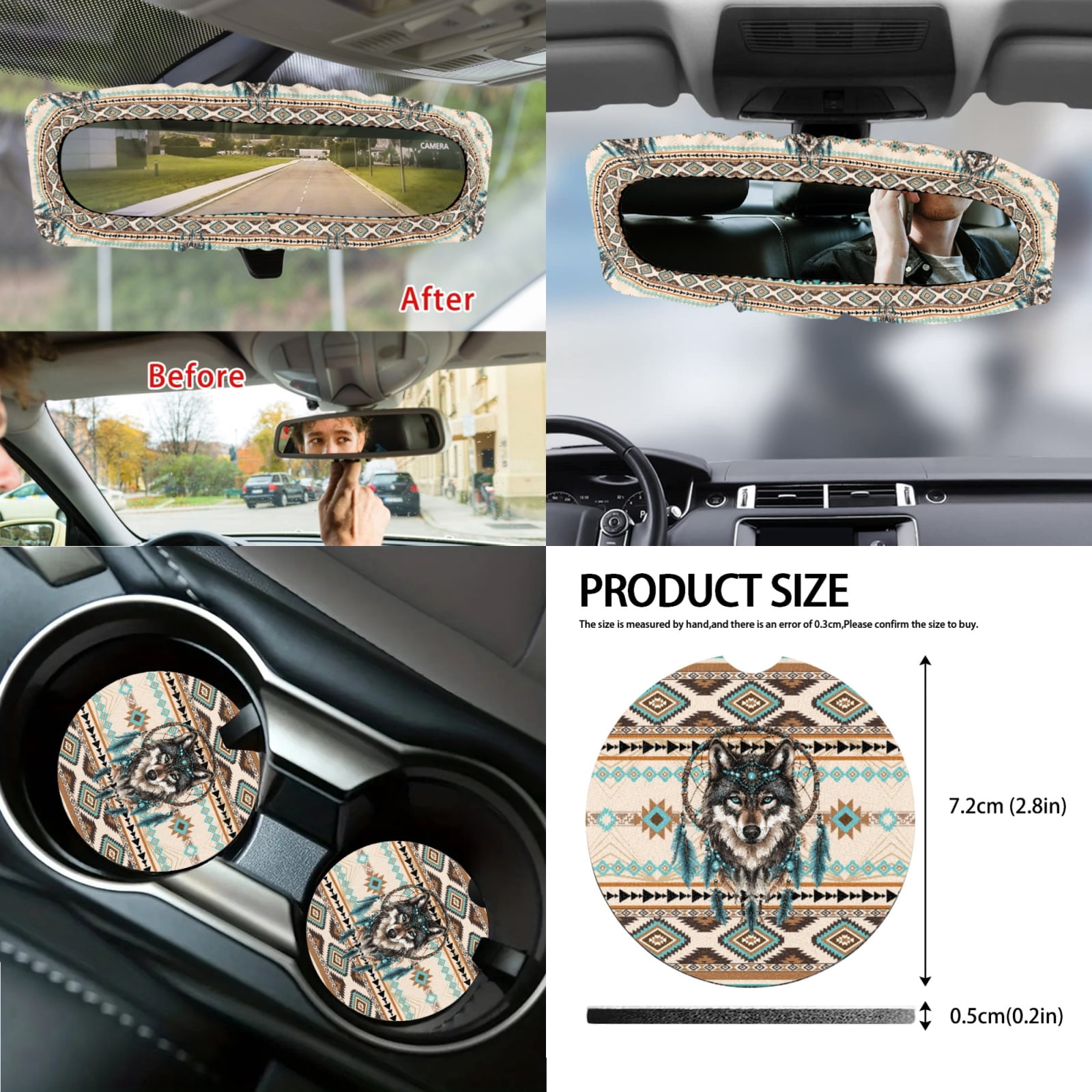 Yuyamidu 14 Piece Aztec Car Seat Covers Full Set Wolf Steering Wheel Cover Seat Belt Pads Garbage Bag Dream Catcher Armrest Cover Handbrake Cover Set Rear View Mirror Protector Coasters