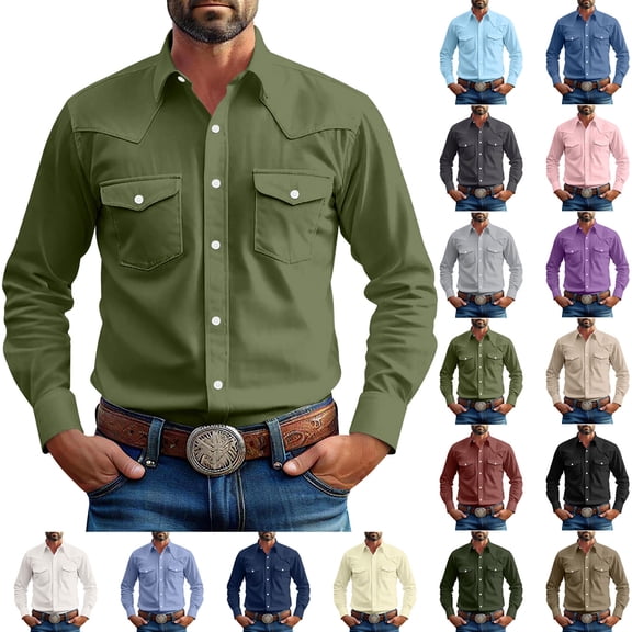 Kmdttou Men's Solid Color Long Sleeve Button-Down Dress Shirt with Pocket - Vintage Work Casual Business Shirt with Turndown Collar
