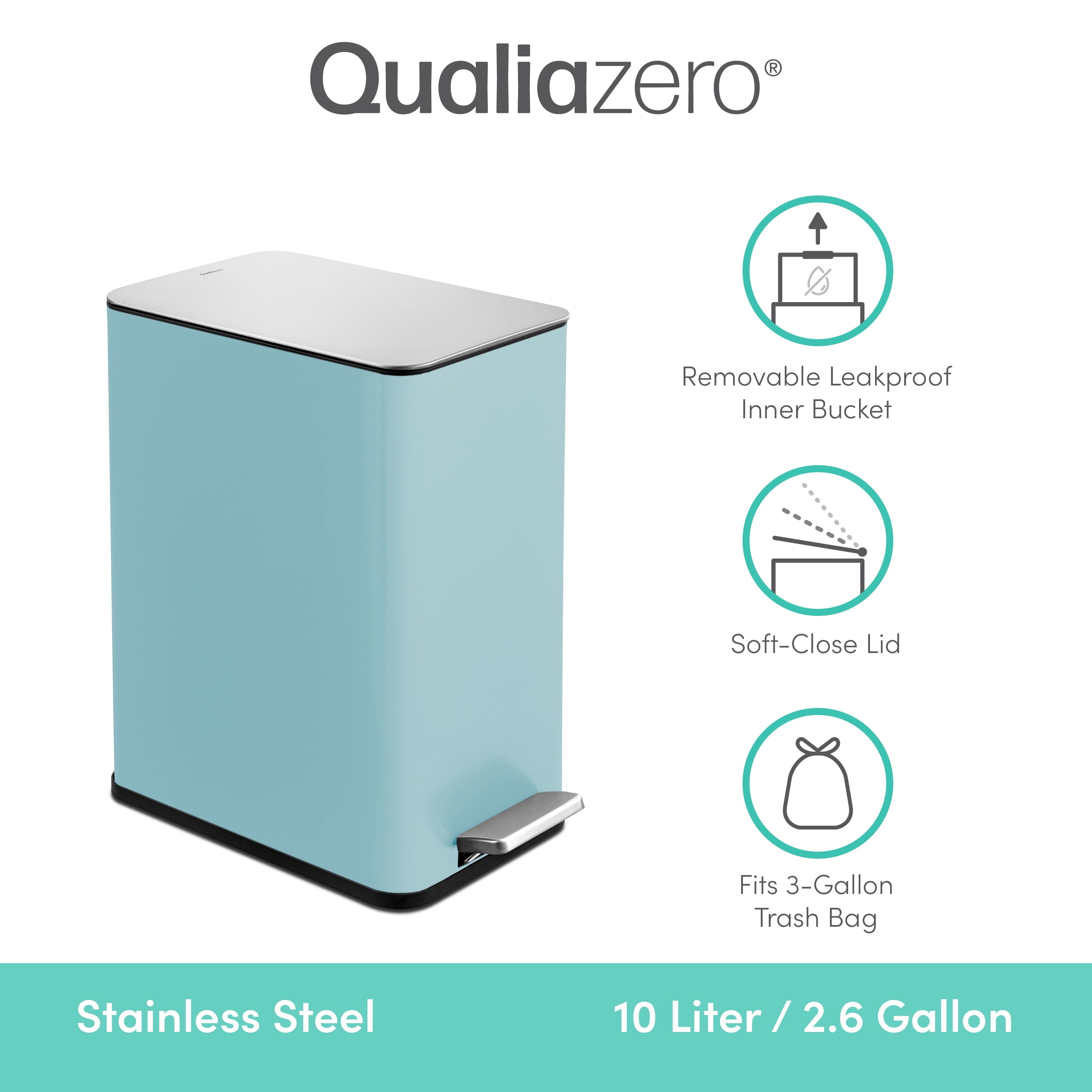 Qualiazero 2.6 Gallon Trash Can, Stainless Steel Step On Bathroom Trash Can, Light Blue