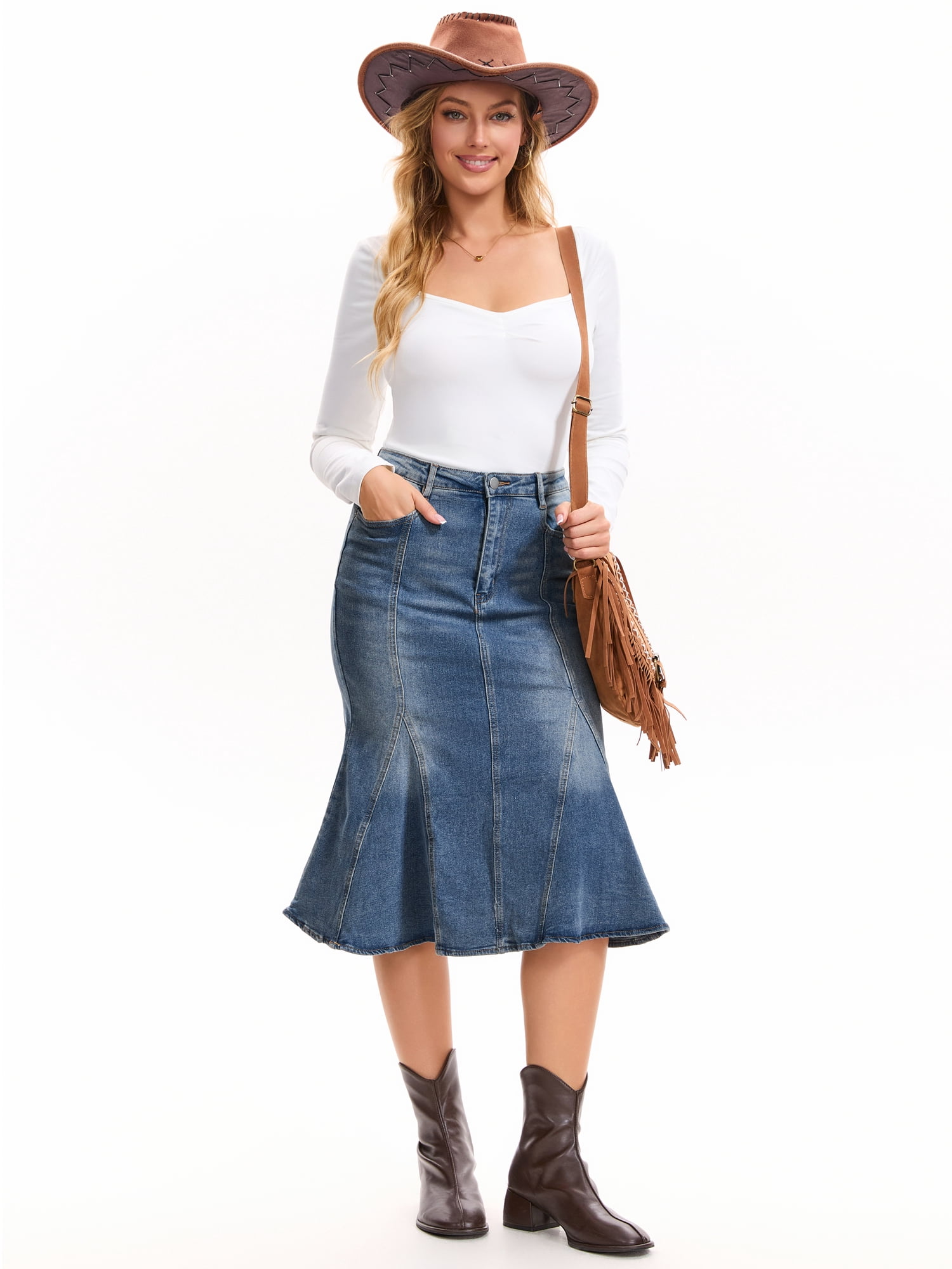 DARING DIVA Women's Denim Washed High Waisted Fishtail Midi Jean Skirt L Gray Blue