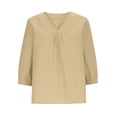 thumbnail image 4 of ClodeEU Women's Summer 3/4 Sleeve V Neck Linen Shirt, Lightweight Tunic Top Loose Blouse Khaki,Womens Plus M, 4 of 7