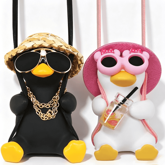 Prichor Swinging Duck Ornament Set of 2, 1 Black & 1 White, Car Rear View Mirror Hanging Decor for Truck Dashboard