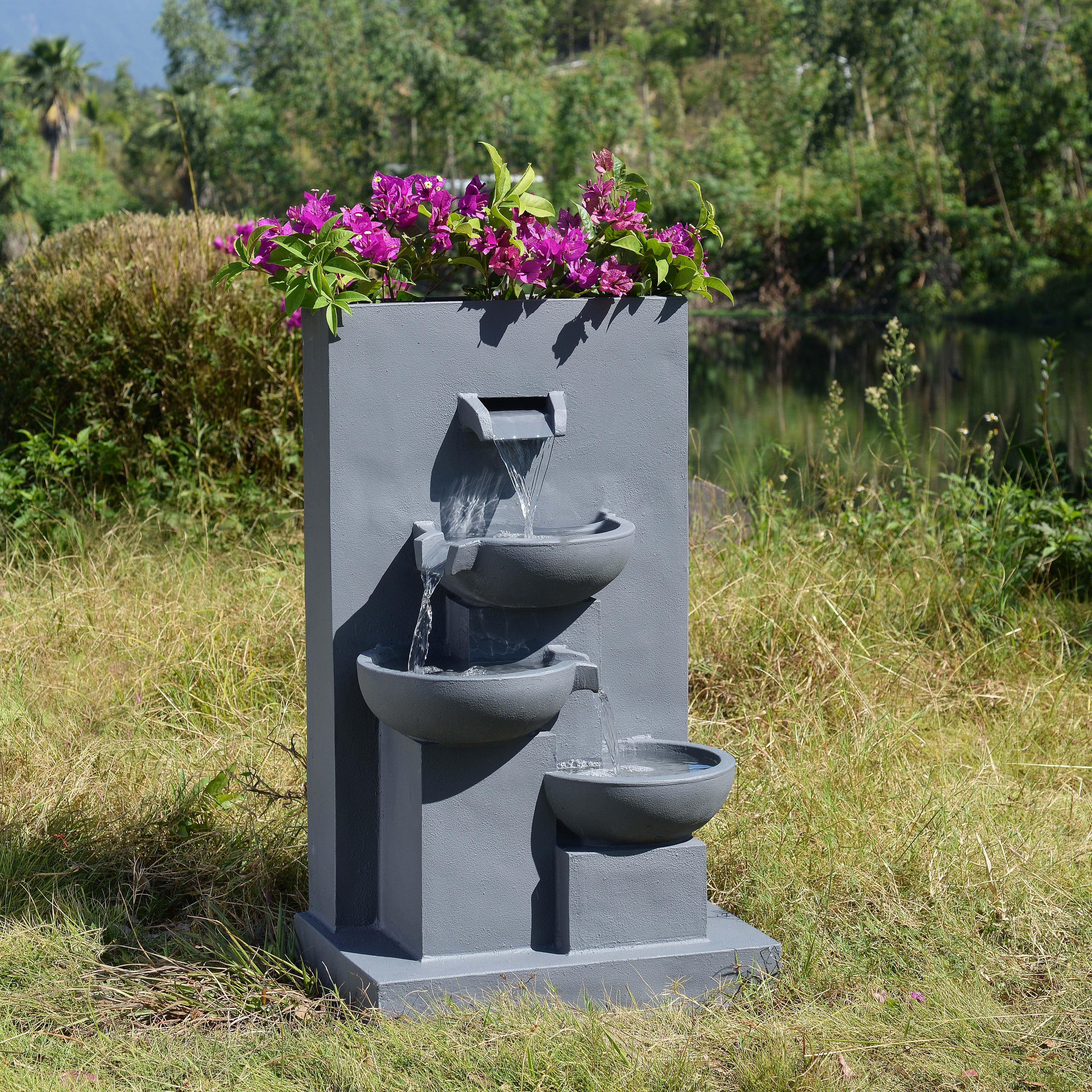 Teamson Home 3-Tier Cascading Outdoor Water Fountain with Planter & LED Lights, Gray