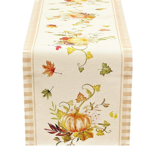 Thanksgiving Autumn Pumpkin Table Runner with Maple Leaf Plaid Design, Linen Kitchen Dining Table Decor for Harvest Holiday Party, Reusable Easy Clean Festive Home Accent