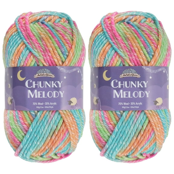 JubileeYarn Chunky Melody Yarn - 100g/Skein Bulky Wool Blend - Rainbow Sherbet - 2 Skeins