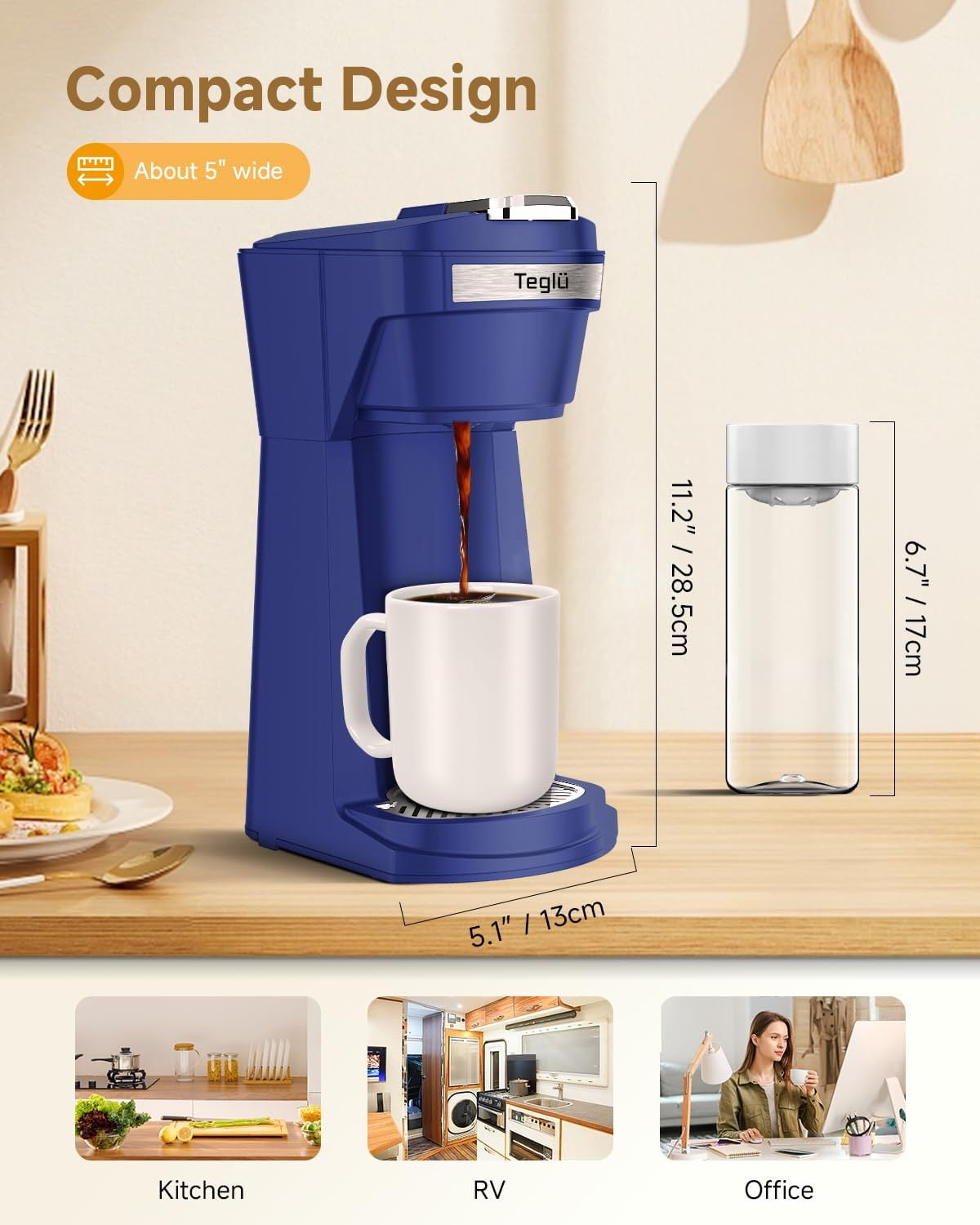 Single Serve Coffee Maker for K Cup Pod & Ground Coffee 2 in 1, K Cup Coffee Machine 14 oz Brew Size, Mini Single Cup Coffee Pod Fast Brew, Reusable Filter, Blue
