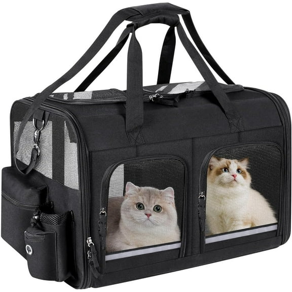 Cat Carrier for 2 Cats, Foldable Double Cat and Dog Carrier, Small to Medium Size, 2 Front Zippered Compartments,Two Pets Carrier for Outdoor Travel,Mulitple Cat Carrier (Black)