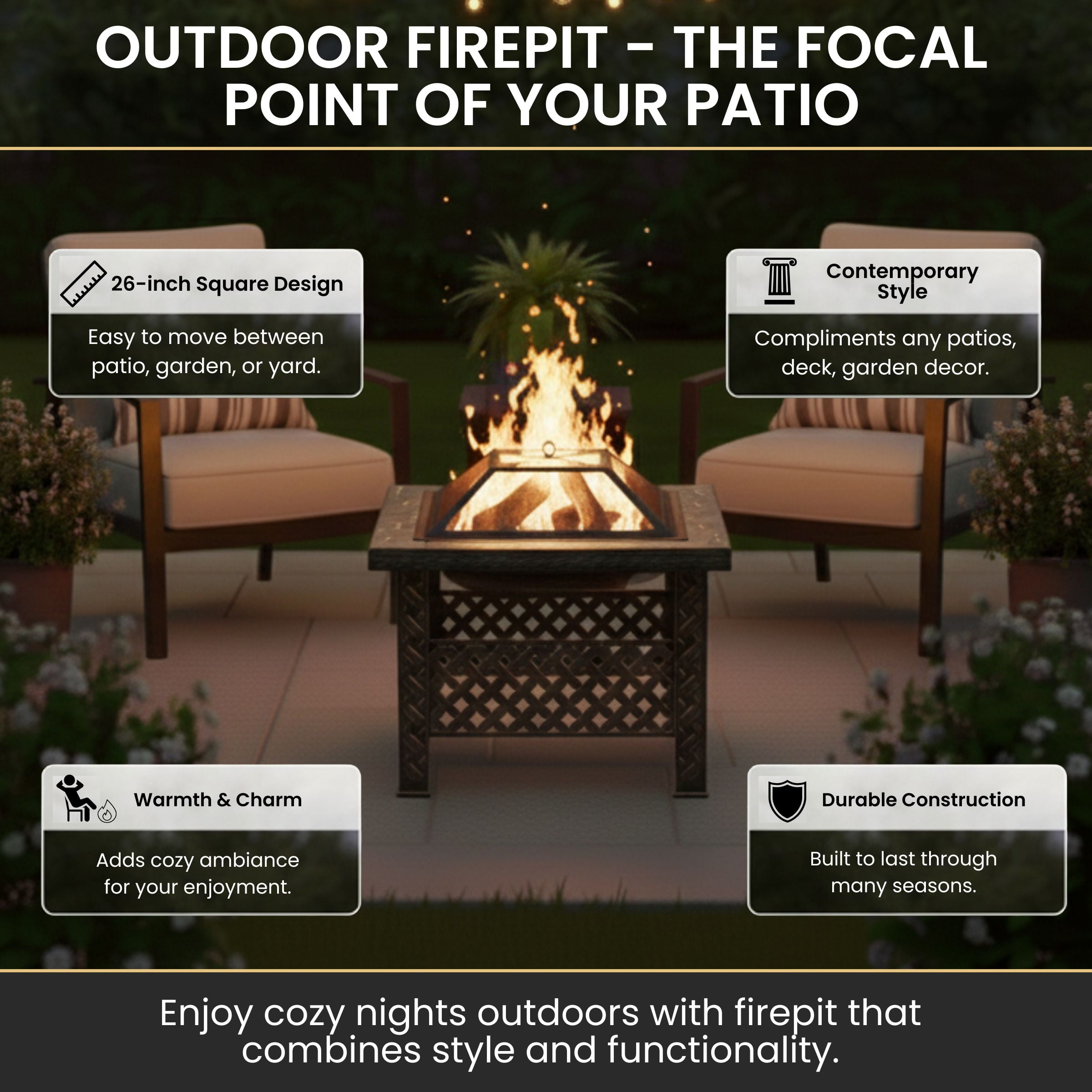 Pure Garden 26-Inch Outdoor Fire Pit with Screen, Cover, and Poker (Bronze)