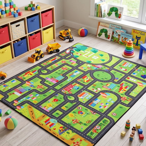 Kids Carpet Car Play Mat, (63X47INCH)City Life Traffic Road Kids Rug Playmat