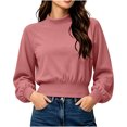 thumbnail image 2 of thefmos Women's Round Neck Long Sleeve Cropped Pullover Top Solid Color Casual Blouse Fashion Fall Winter Clothes, Pink L, 2 of 6