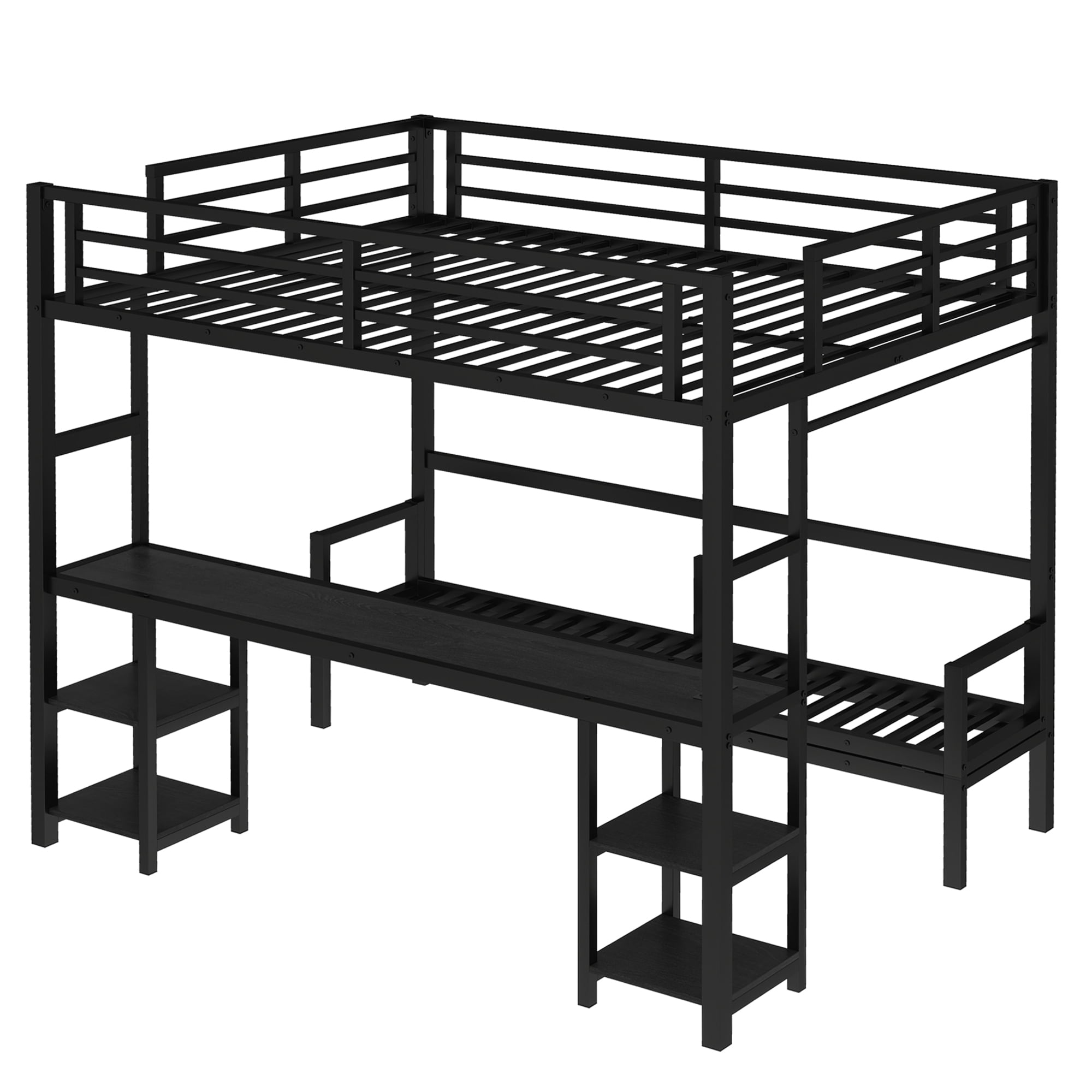 Bunk Bed with Desk, Queen over Twin XL Metal Bed, Loft Bed with Folding Sofa, LED Lights, USB, Storage Shelves, Folding Design, Black for Kids Bedroom Shared Room