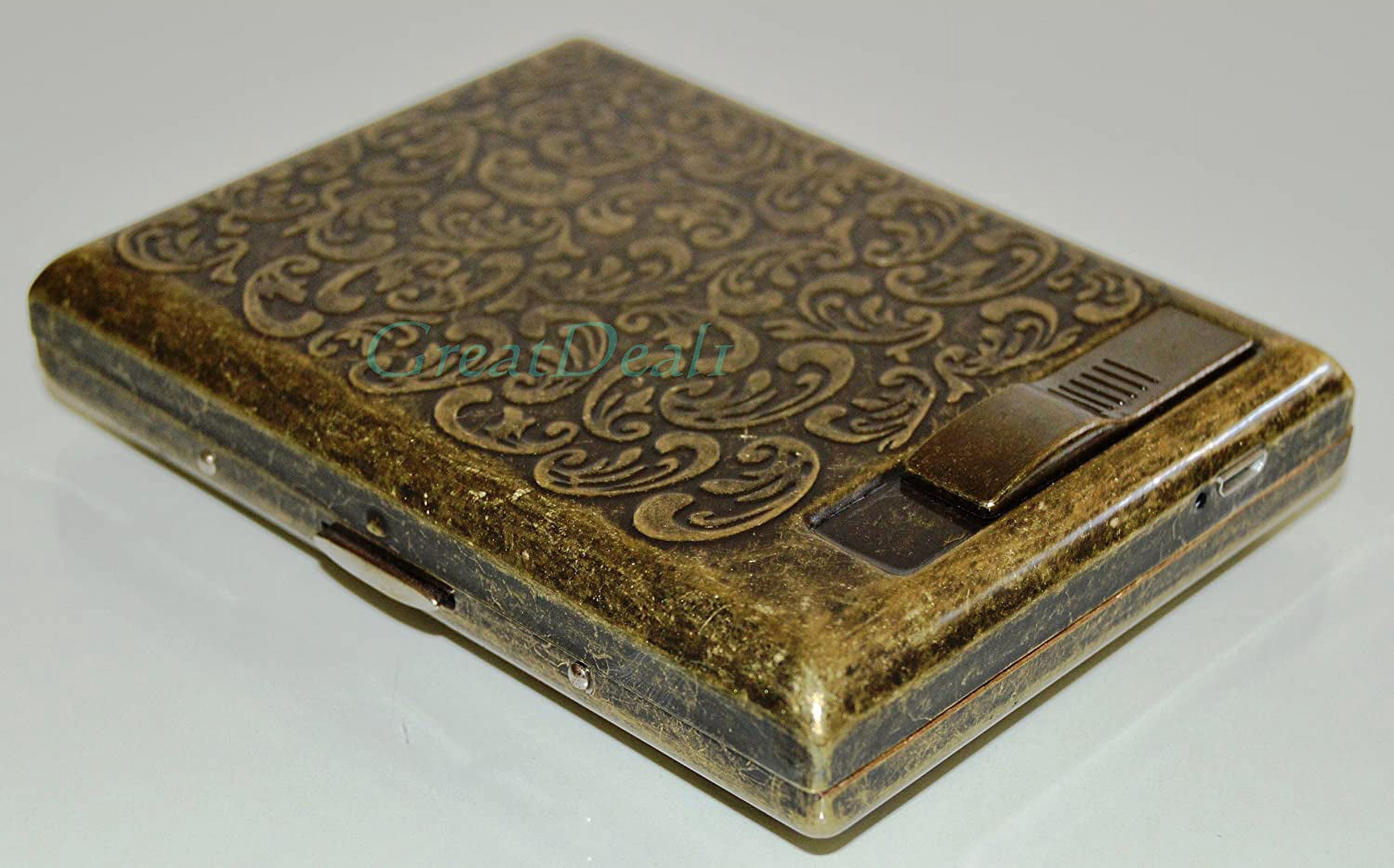 Antique Gold USB Rechargeable Windproof Metal Electric Built-in Flame Less Lighter Cigarette Cigar Storage Case (QW-1381)