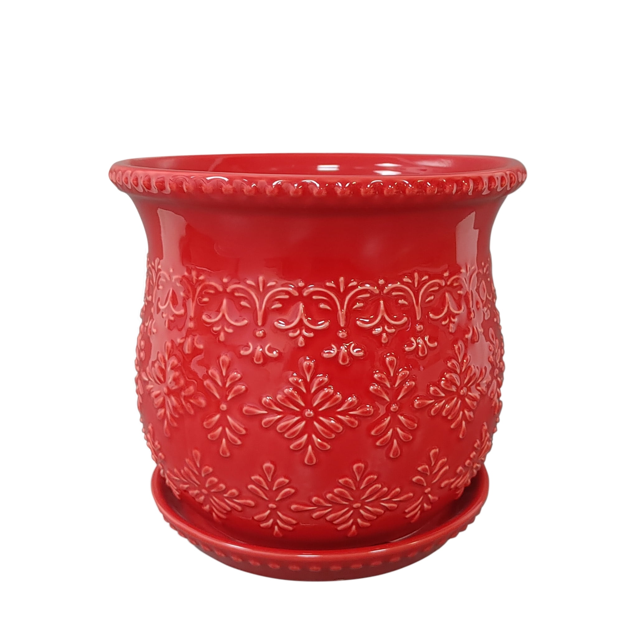 The Pioneer Woman Embossed Timeless Geo Red Planter 8 inch, Stoneware