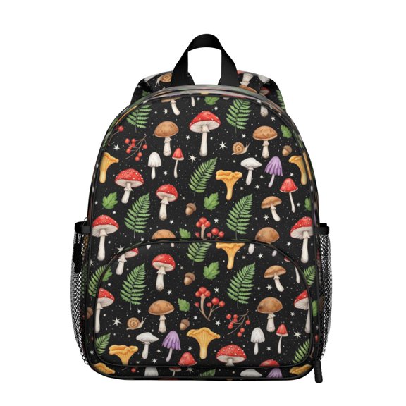 Mushroom and Fern Black Pattern Backpack for School, Cute School Bag with Adjustable Shoulder Straps and Padded Back, 13.8"x11.4"x6"