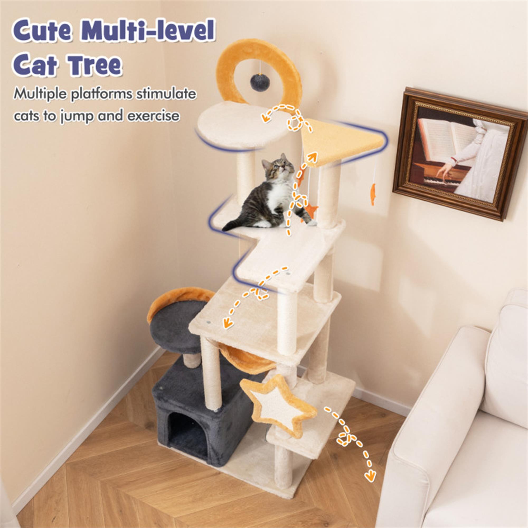 Kadyn 63" Could Cat Tree for Indoor Cats, Cat Condo with Cat Scratching Post and Board, Cat Tower for Kitten with Dangling Balls, Beige