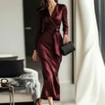 thumbnail image 2 of Elegant Solid Color Slim Banquet Dress Casual Lady Long Sleeve Wrap Hips Party Dress Sexy V-neck High Waist Lace Up Satin Dress, 2 of 5