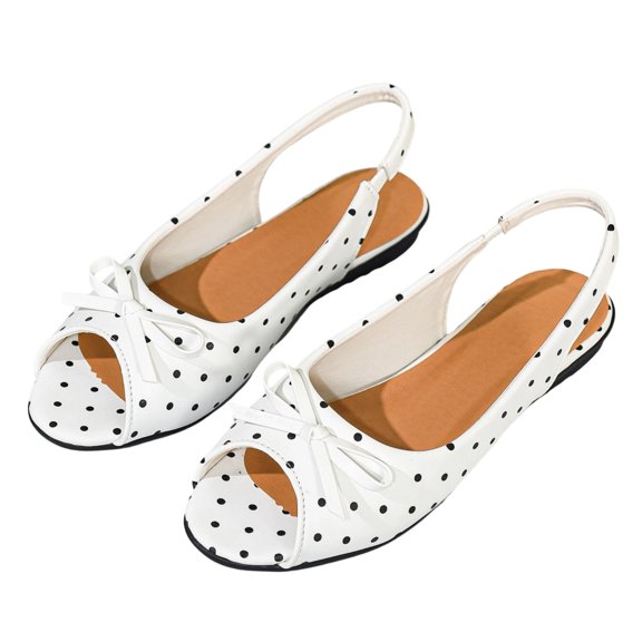Gpaecead Women's Polka Dot Bow Flat Slingback Shoes Open Toe Slip On Soft Sole Comfort Casual Vintage Shoes, B-White
