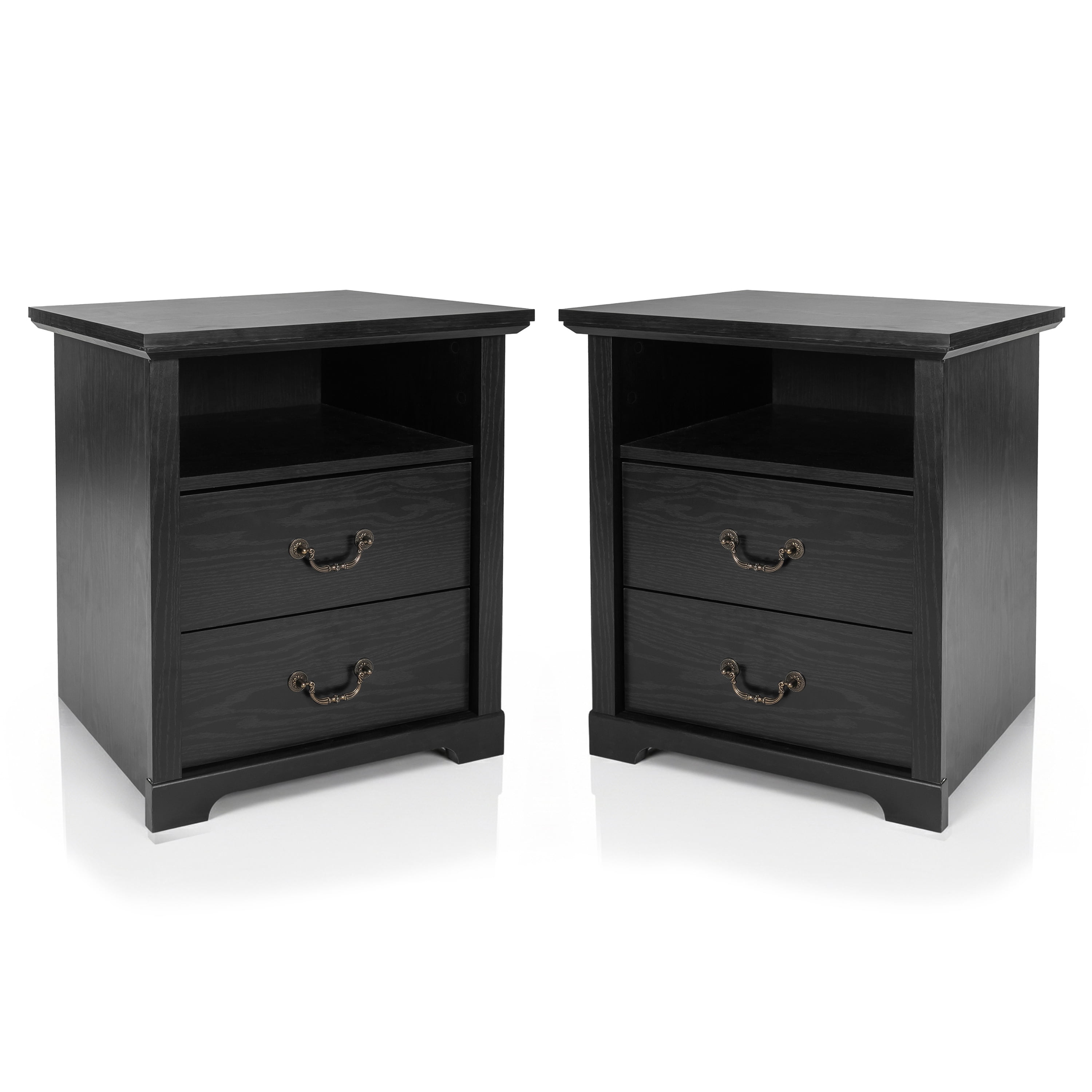 Furniture of America Chara Modern Wood 2-Drawer Nightstands with Open Top Shelf, Set of 2, Black