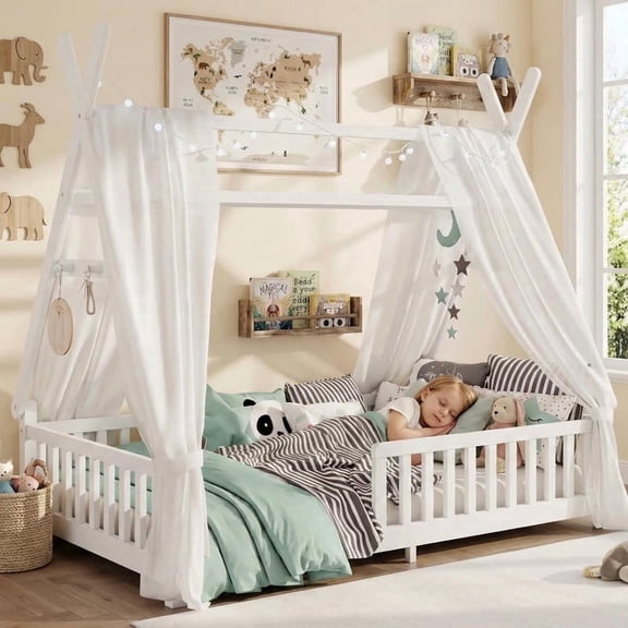 Mirightone Wood Twin Floor Bed with Rails and Removable Roof, Teepee Bed Montessori Bed with LED Light and Slats - White