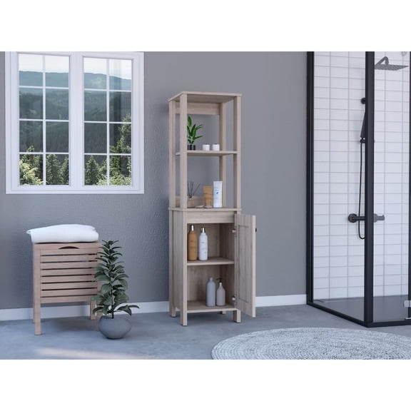 Miekor Furniture Linen Cabinet Jannes, Two Open Shelves, Single Door, Light Gray Finish 122957