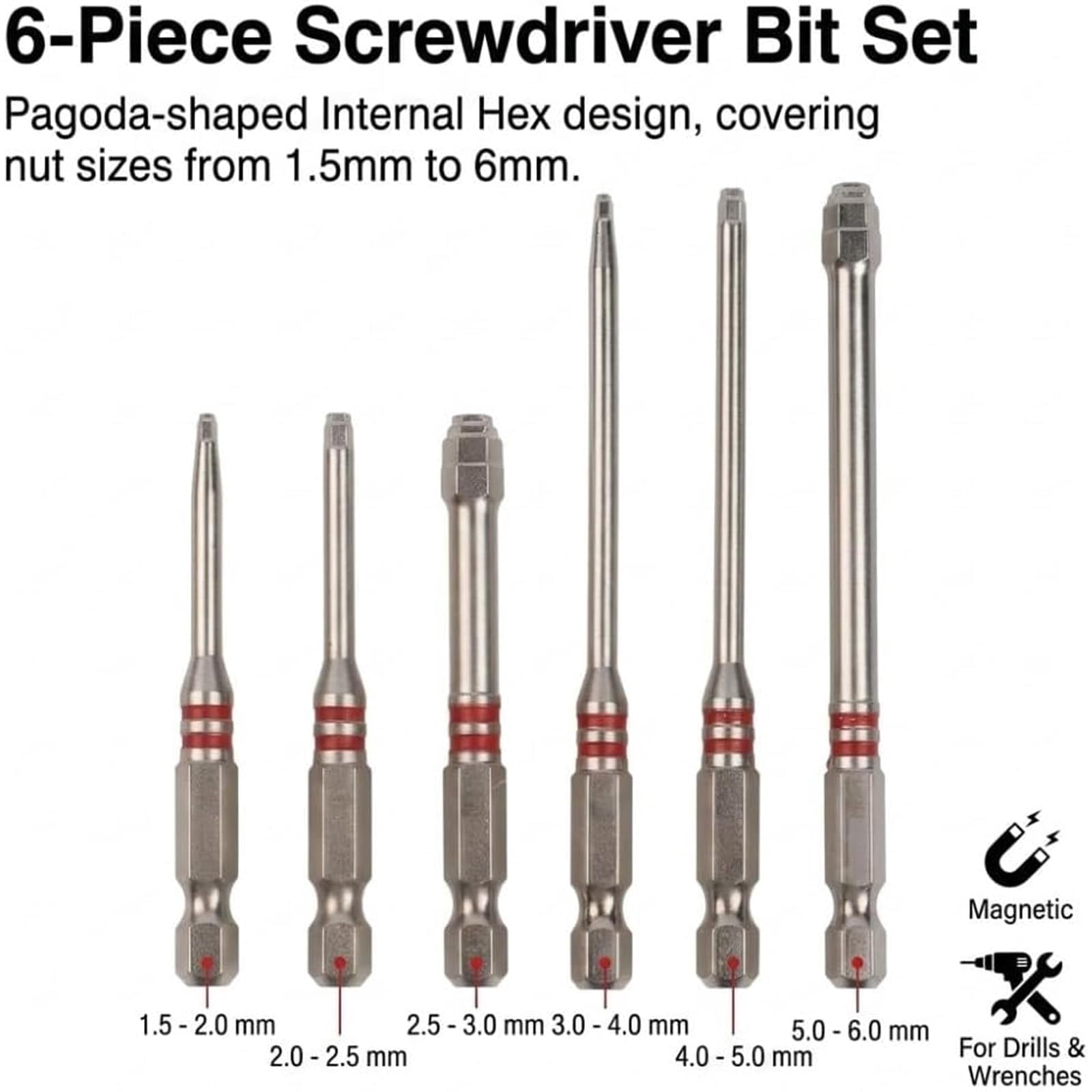 Pagoda Hex Screwdriver Bit Set, Magnetic Pagoda Hex Bits, 6-Piece Pagoda-Shaped Drill Bit Set, High-Magnetic Screwdriver Drill Bit Set for Electric Drill Wrench DIY Repair