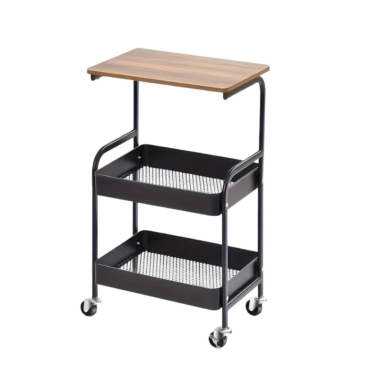 3-Tier Rolling Kitchen Serving Cart on Wheels, Metal Utility Cart with Walnut-Textured Top and Storage Backet, Kitchen Storage Rack Printer Stand