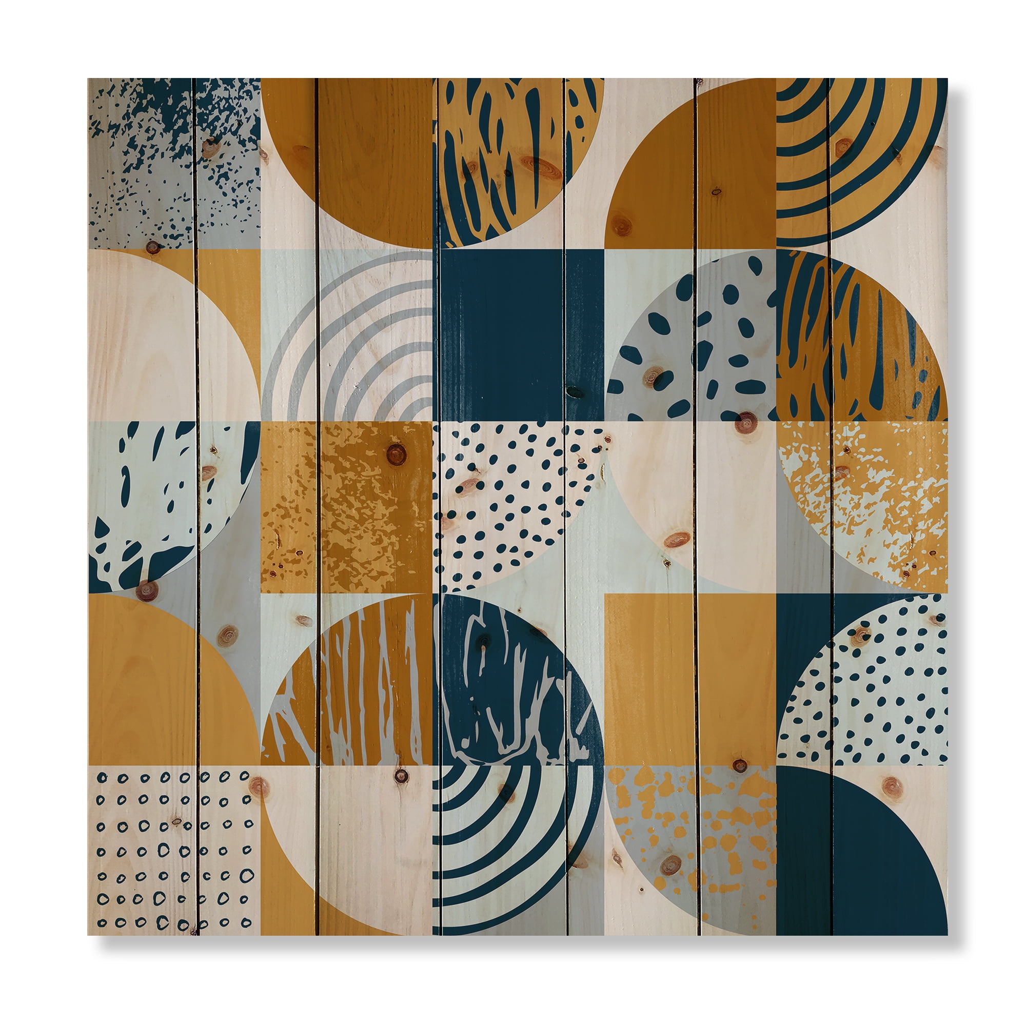 Designart 'Retro Semicircles Squares and Circles' Modern Print on Natural Pine Wood