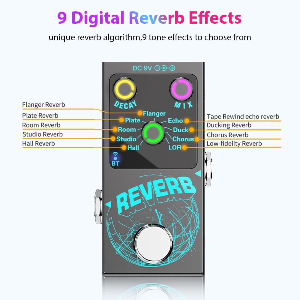 Reverb Guitar Pedal, Mini Verb Square Digital Reverb with Luminous Control Knobs,True Bypass , Aluminium Alloy Case, 9 Modes Effects,Room,Hall,Chorus,Duck,Plate,Studio,Echo,LOFI,Flanger