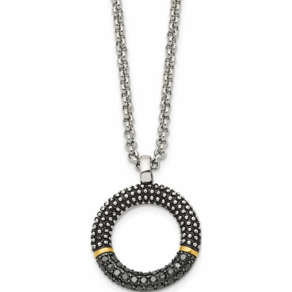 Stainless Steel Antiqued & Polished Yellow Ip With Black Cz 18In Necklace Made In China -Jewelry By Sweet Pea