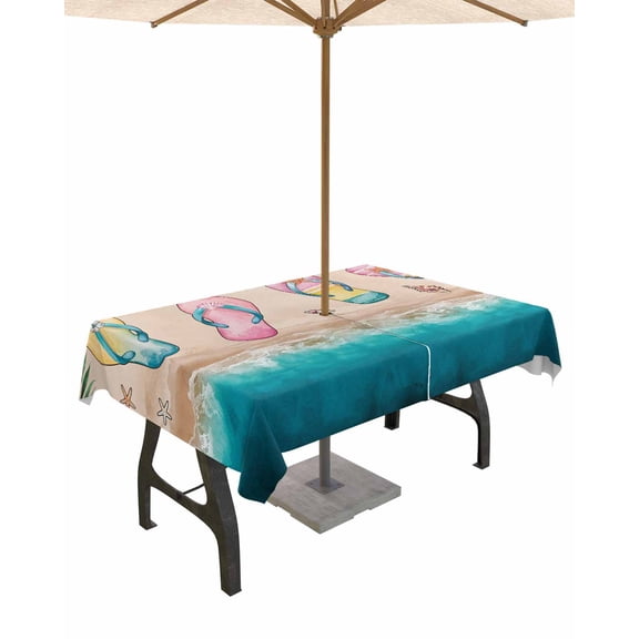 Outdoor Tablecloth with Umbrella Hole for Patio/Picnic/Party/Camping, Summer Pink Slippers Waterproof Table Cloth Rectangle Table Cover Washable, Turquoise Beach Coastal Starfish 54"x 80"