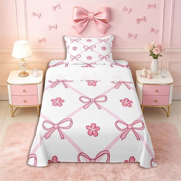 Erosebridal Kids Cartoon Flowers Bowknot Twin Sheet Sets 3pcs,Girls Teens Geometric Plaid Bedding,Lightweight Room Decor