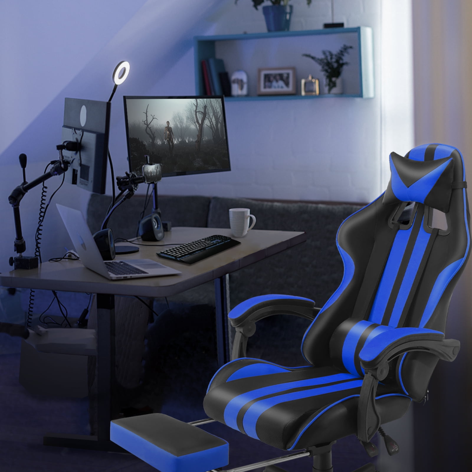 Luxvie Gaming Chair with Footrest High Back Computer Office Gamer Chair with Massage and Headrest Lumbar Support Swivel Seat Ergonomic Game Chair for Adults, Blue