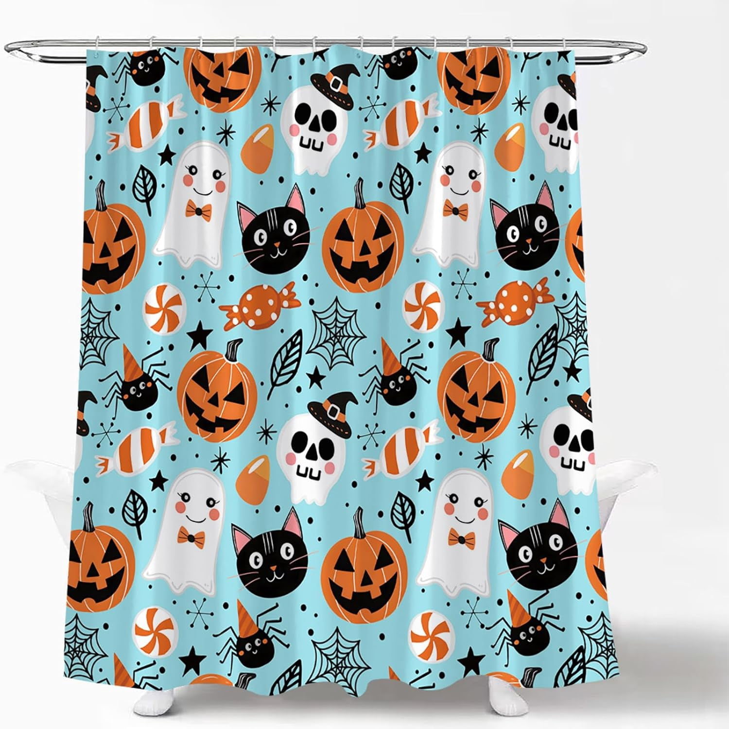 Happy Halloween Shower Curtain Cute Cartoon Pumpkin Spooky Ghost Orange Pumpkin Head Icons Funny Black Cat Spider‘s Web Skull Skeleton Witch Hat Fabric Bath Curtain Set with Hook