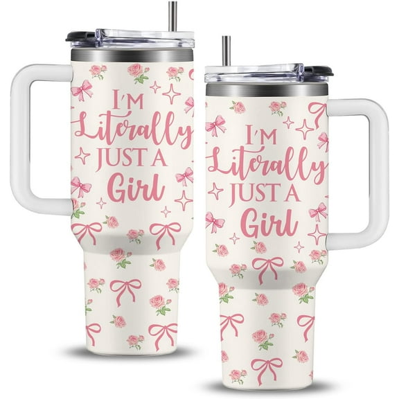 Pink Bow Gift Tumbler 40oz, I'm Literally Just a Girl Gifts for Girls Women, Cute Bow Girly Gift For Women Friend Holiday Birthday Party Gifts