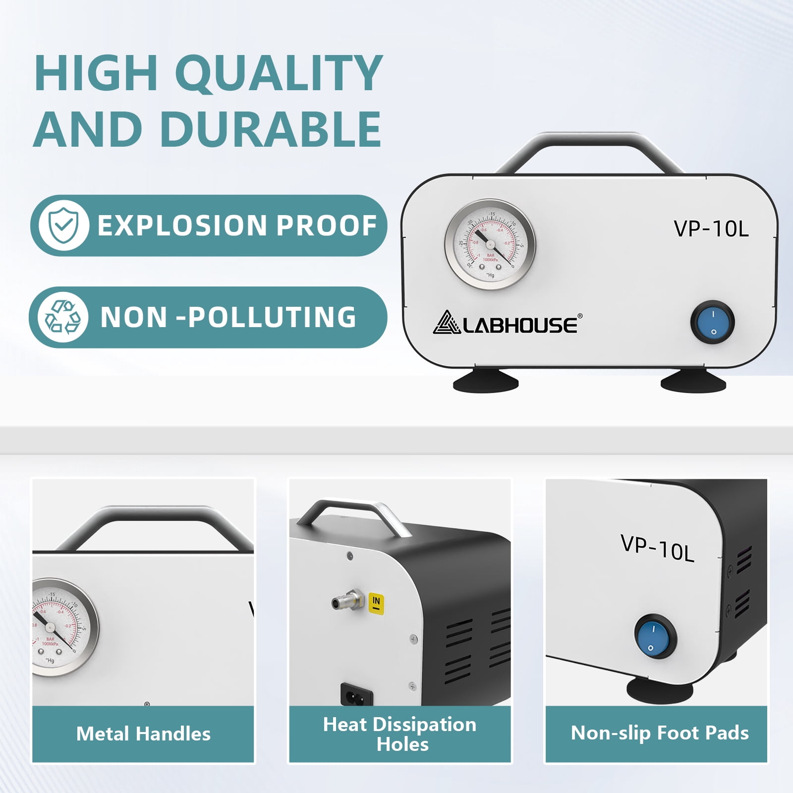 LABHOUSE Lab Diaphragm Vacuum Pump VP-10L, Portable Mini Oilless Pump Oil Free for Laboratory Vacuum Filtration, 10L/min Flow Rate with Rubber Tube, 110V