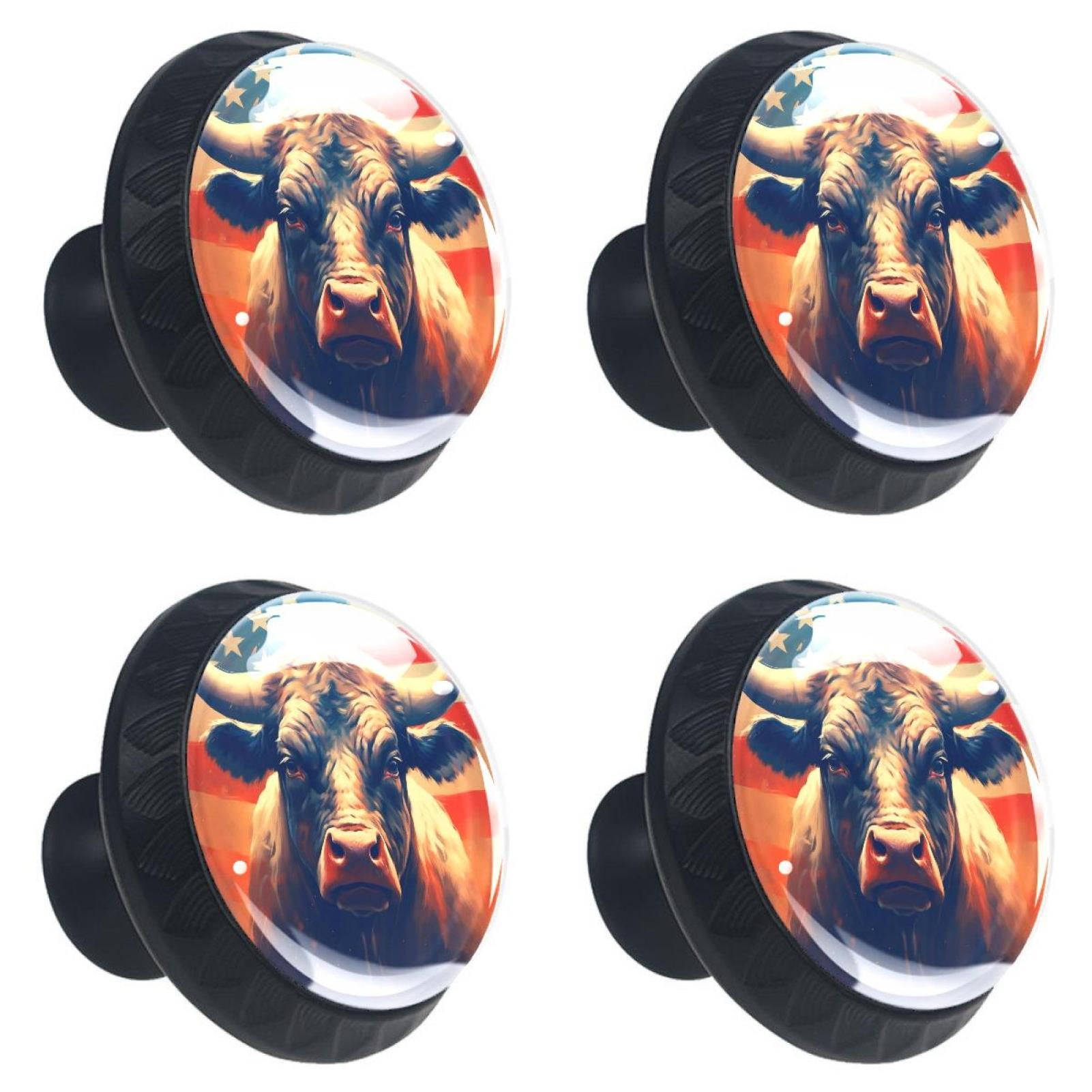 4 Pcs Cow American Flag Knobs for Kitchen Cabinet Cupboard Dresser Bookcase Drawer Pulls Handles Round Home Decor