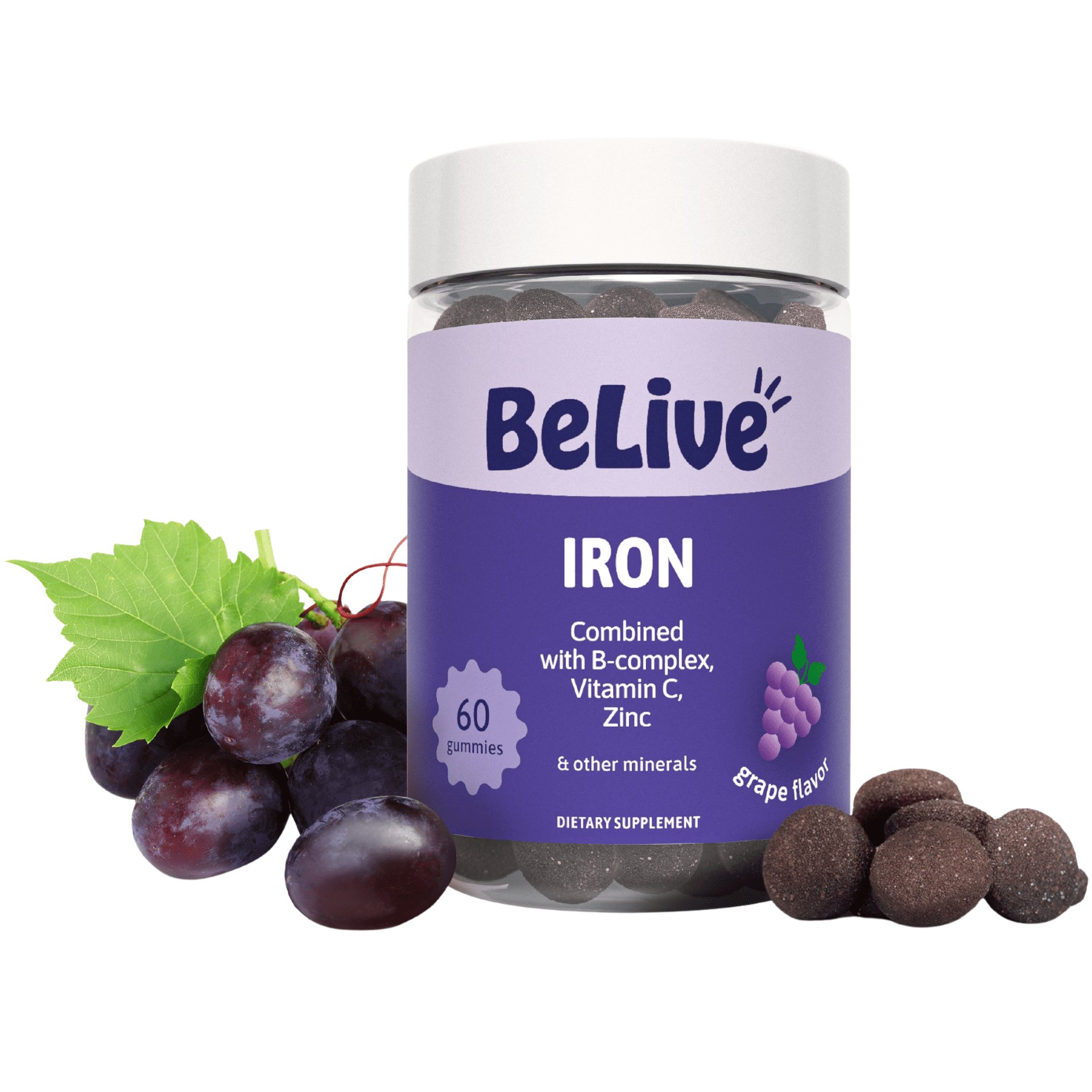 BeLive Iron Gummies For Women, Men & Kids - Multivitamin Supplement with Vitamin C, B and Zinc - Supports Red Cell Production - Grape Flavor - 60 Count - Gluten Free