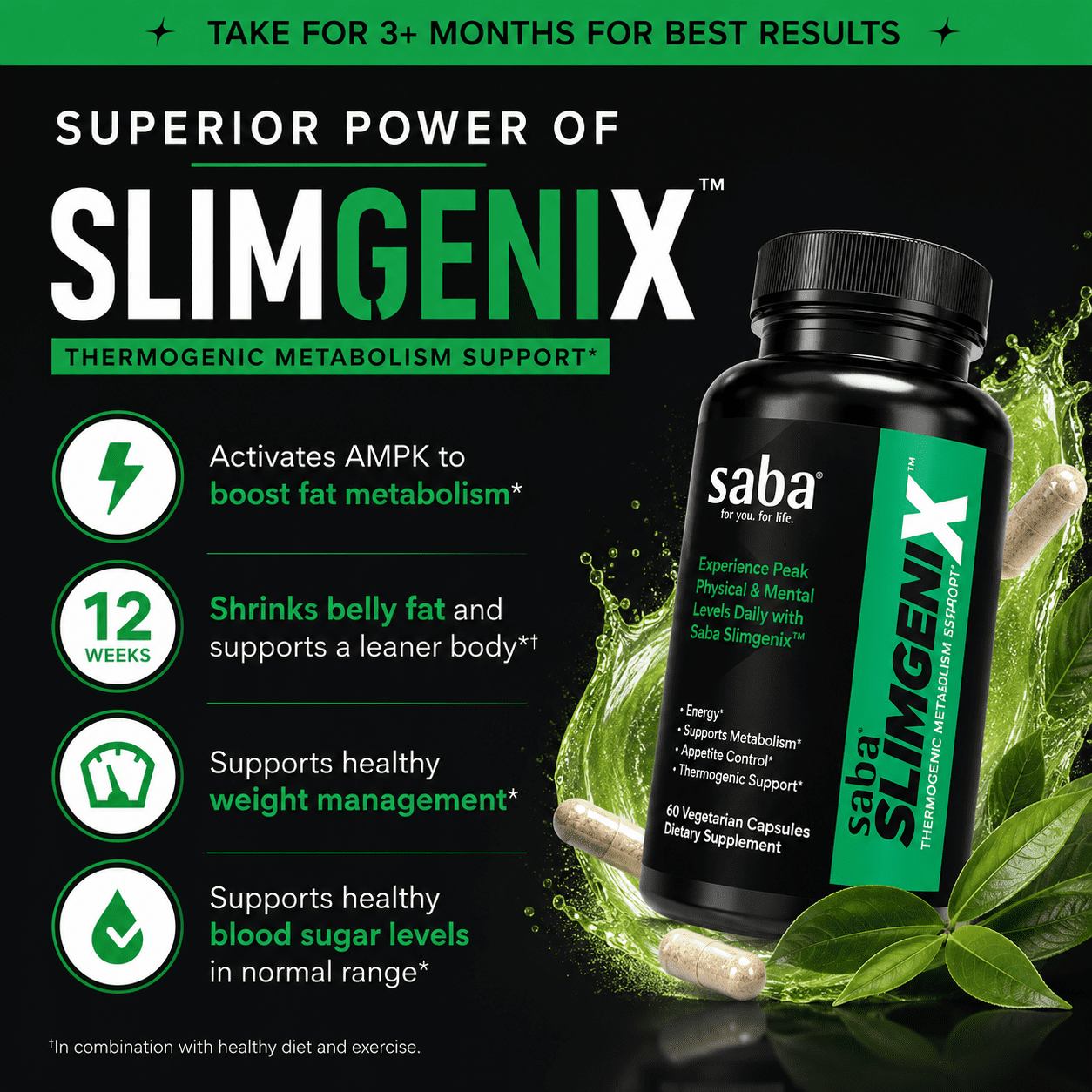 Saba SlimGenix Dietary Supplement with Green Tea & Coffee Bean Extract, 60 Capsules