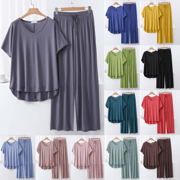 Goodtrade8 Straight Leg Pants Pajamas for Woman Holiday 2 Piece Solid Color V-Neck Casual Sleepwear Short Sleeve Holiday Woman Pajamas