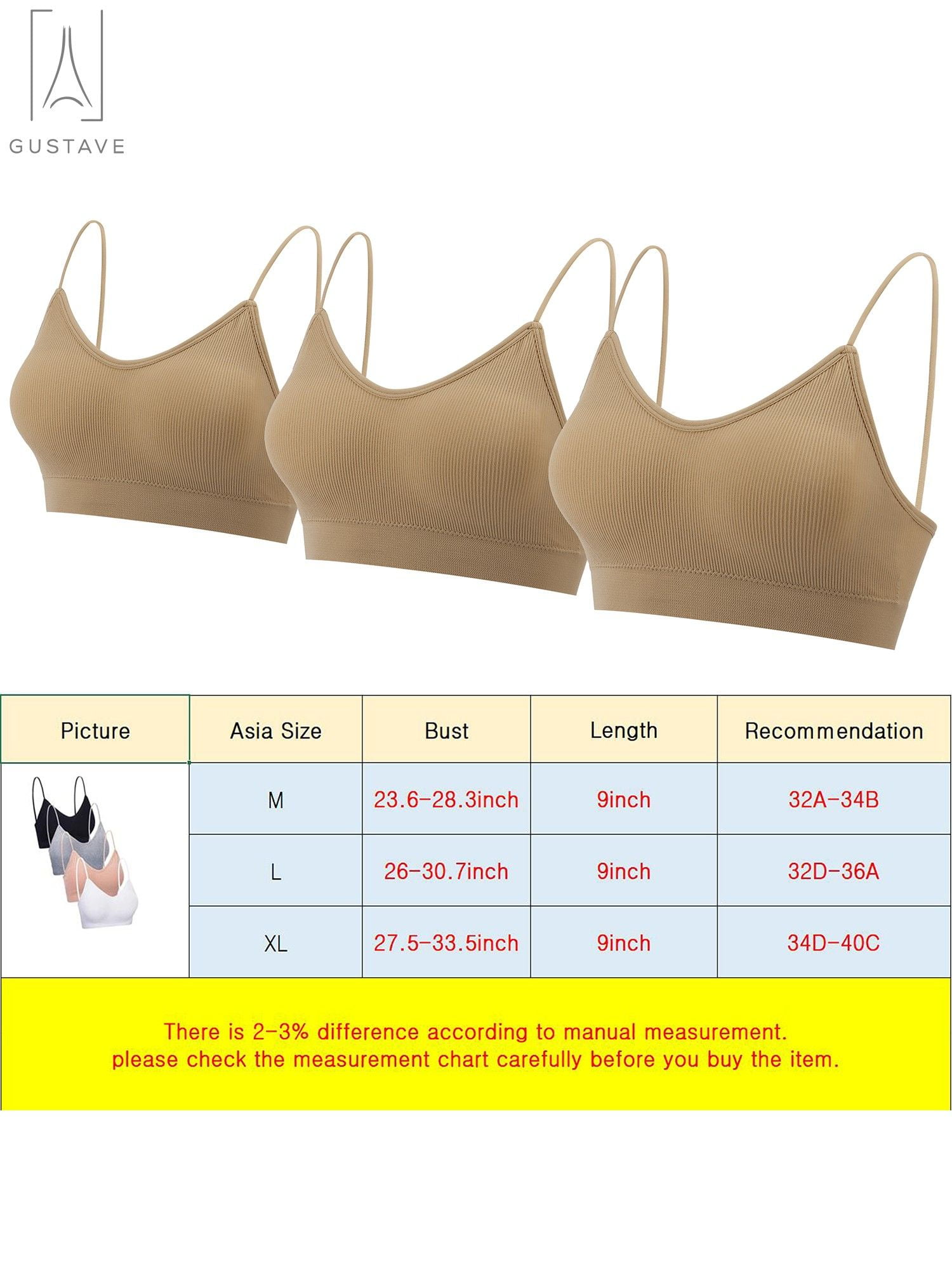 Gustave 5-Pack Women's Seamless Cami Bra V Neck Padded Bralette Spaghetti Strap Pullover Style Bras Tank Top Wire Free "Size M"